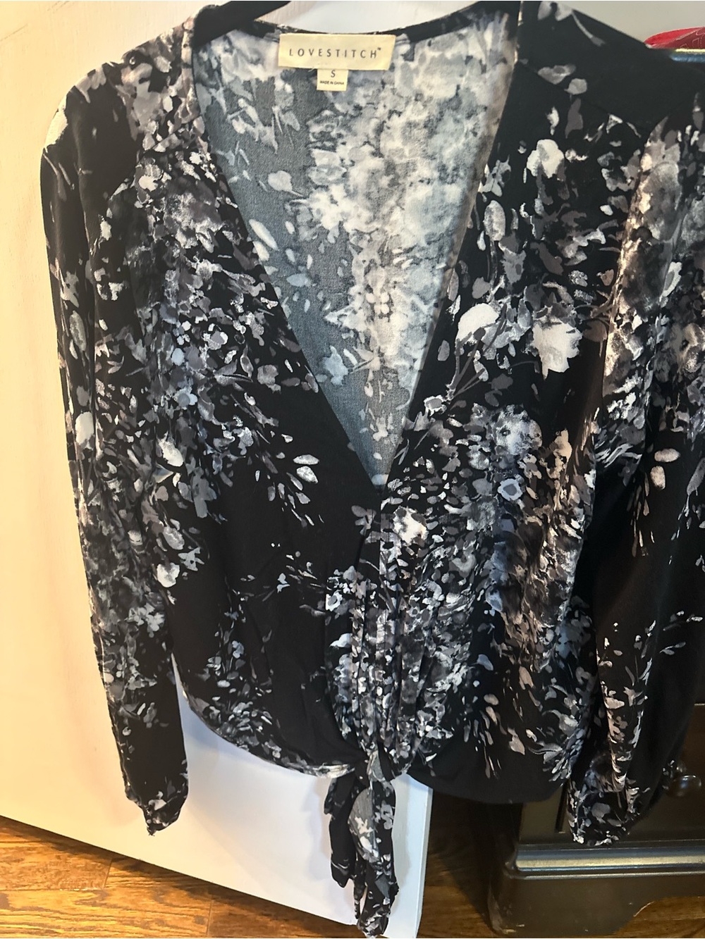 lovestitch Black Floral Tie-Front V-Neck Blouse